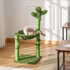Arbre à chat griffoirs design cactus - hamac, 3 jouets pompons suspendus - panneaux peluche sisal vert