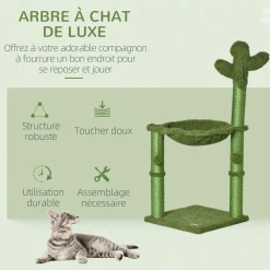 Arbre à chat griffoirs design cactus - hamac, 3 jouets pompons suspendus - panneaux peluche sisal vert