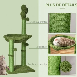 Arbre à chat griffoirs design cactus - hamac, 3 jouets pompons suspendus - panneaux peluche sisal vert