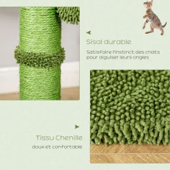 Arbre à chat griffoirs design cactus - hamac, 3 jouets pompons suspendus - panneaux peluche sisal vert