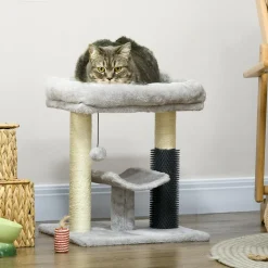 Arbre à chat griffoirs sisal naturel et massant plateforme panier jeu boule suspendue peluche gris