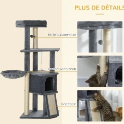 Arbre à chat multi-équipement griffoirs grattoirs plateforme niche hamac jeu boule suspendue gris