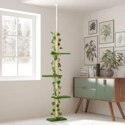 Arbre à chat poteau à griffer design hauteur réglable dim. 37L x 21l x 202- 242H cm 4 niveaux beige vert