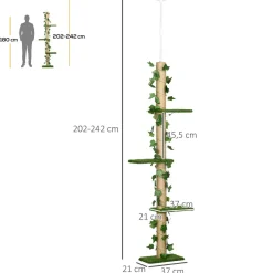 Arbre à chat poteau à griffer design hauteur réglable dim. 37L x 21l x 202- 242H cm 4 niveaux beige vert