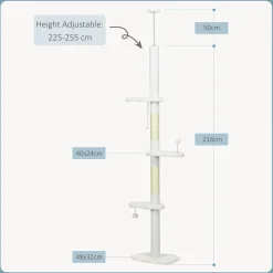 Arbre à chat réglable en hauteur 225-255 cm - tour pour chat 3 griffoirs nuages, 2 balles - blanc
