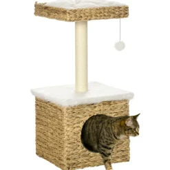 Arbre à chat style cosy chic griffoir sisal niche plateforme d'observation boule jacinthe d'eau peluche aspect fourrure