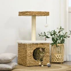 Arbre à chat style cosy chic griffoir sisal niche plateforme d'observation boule jacinthe d'eau peluche aspect fourrure