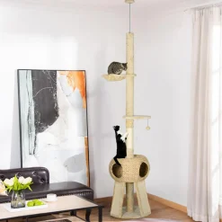 Arbre à chat style cosy naturel réglable H. 225-255 cm - niche, 2 rampes, plateforme, hamac - douce peluche courte beige