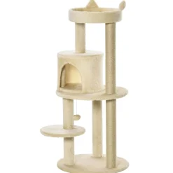 Arbre à chats multi-équipements griffoirs grattoirs plateformes niche jeu boule suspendue Ø 48 x 104H cm beige