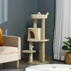 Arbre à chats multi-équipements griffoirs grattoirs plateformes niche jeu boule suspendue Ø 48 x 104H cm beige