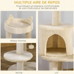 Arbre à chats multi-équipements griffoirs grattoirs plateformes niche jeu boule suspendue Ø 48 x 104H cm beige