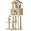 Arbre à chats style cosy chic griffoirs sisal naturel grande niche plateforme échelle jeu boules tourniquet peluche courte cordes d'algues tressées