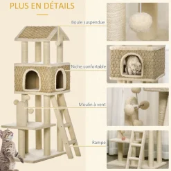 Arbre à chats style cosy chic griffoirs sisal naturel grande niche plateforme échelle jeu boules tourniquet peluche courte cordes d'algues tressées