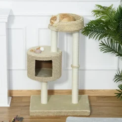 Arbre à chats style cosy chic griffoirs jute naturelle niche plateforme peluche courte bicolore beige café
