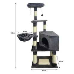 Arbre a chat - 55 x 40 x 138 cm - Gris foncé - 3 plateformes, 1 perchoir, 1 niche, poteaux a griffer