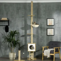 Arbres à chat 2 pièces style nordique - hauteur réglable 225-285H cm - multi-équipement - panneaux aspect chêne clair jute