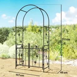 Arche de jardin avec portillon treillis style fer forgé feuilles vigne acier thermolaqué noir