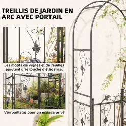 Arche de jardin avec portillon treillis style fer forgé feuilles vigne acier thermolaqué noir