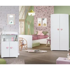 Armoire chambre bébé 2 portes NEW BASIC Boutons C&oelig;ur Rose