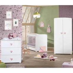 Armoire chambre bébé 2 portes NEW BASIC Boutons C&oelig;ur Rose