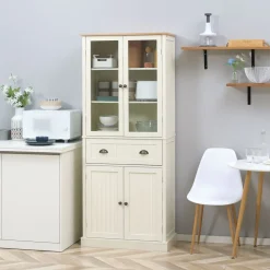 Armoire de cuisine buffet haut 4 portes grand tiroir coulissant dim. 76L x 40l x 182H cm panneaux crème verre