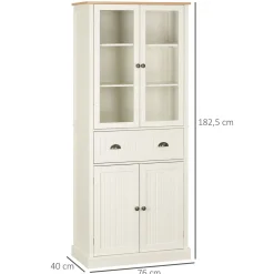 Armoire de cuisine buffet haut 4 portes grand tiroir coulissant dim. 76L x 40l x 182H cm panneaux crème verre
