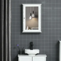 Armoire murale de salle de bain avec miroir - armoire à glace - placard de rangement toilettes - 1 porte, 2 étagères - verre MDF blanc
