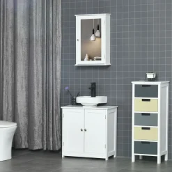 Armoire murale de salle de bain avec miroir - armoire à glace - placard de rangement toilettes - 1 porte, 2 étagères - verre MDF blanc