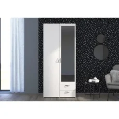 Armoire VARIA - Décor blanc - 2 portes battantes + 1 miroir + 2 tiroirs - L 81 x H 185 x P 51 cm - PARISOT
