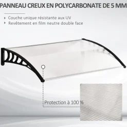 Auvent marquise de porte design voûté arrondi dim. 150L x 90l x 25H cm polycarbonate PP noir