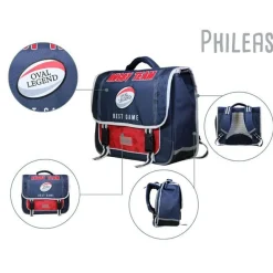 BAGTROTTER Cartable 38 cm Phileas Rugby Bleu - Le Plus Confortable des Cartables - Ergonomie/Confort/Sécurité - Système Smart Comfort