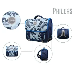 BAGTROTTER Cartable 38 cm Phileas Dinosaures Bleu - Le Plus Confortable des Cartables - Ergonomie/Confort/Sécurité - Système Smart Comfort