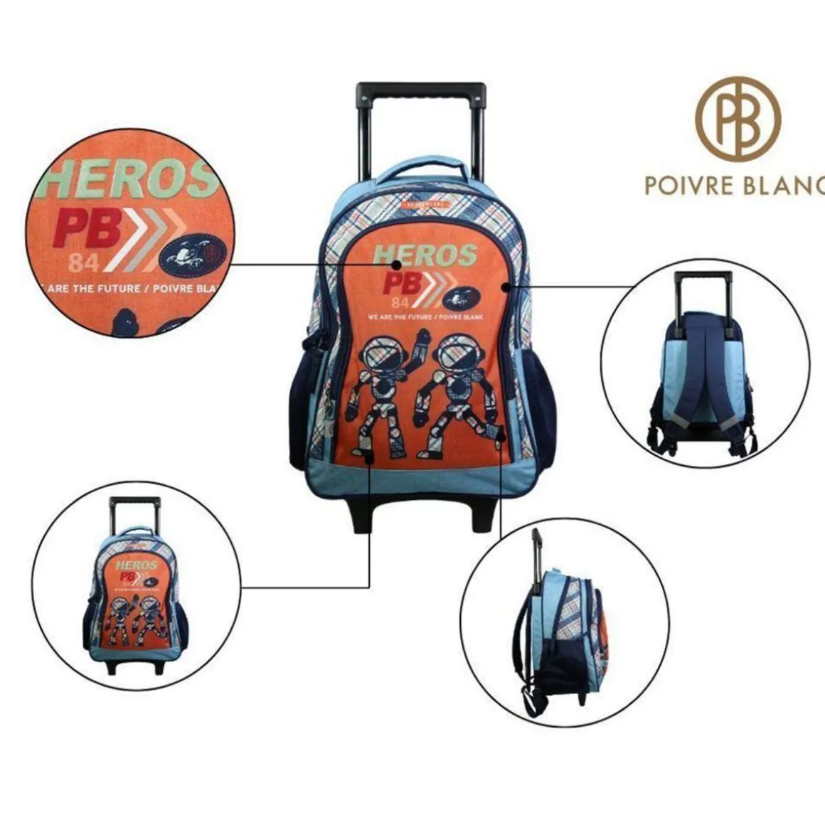 BAGTROTTER Sac à dos à roulettes Poivre Blanc Robots Orange