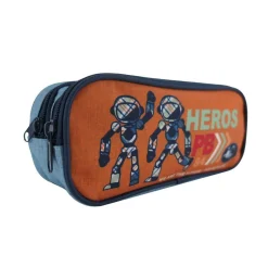 BAGTROTTER Trousse scolaire 2 compartiments Poivre Blanc Robots Orange