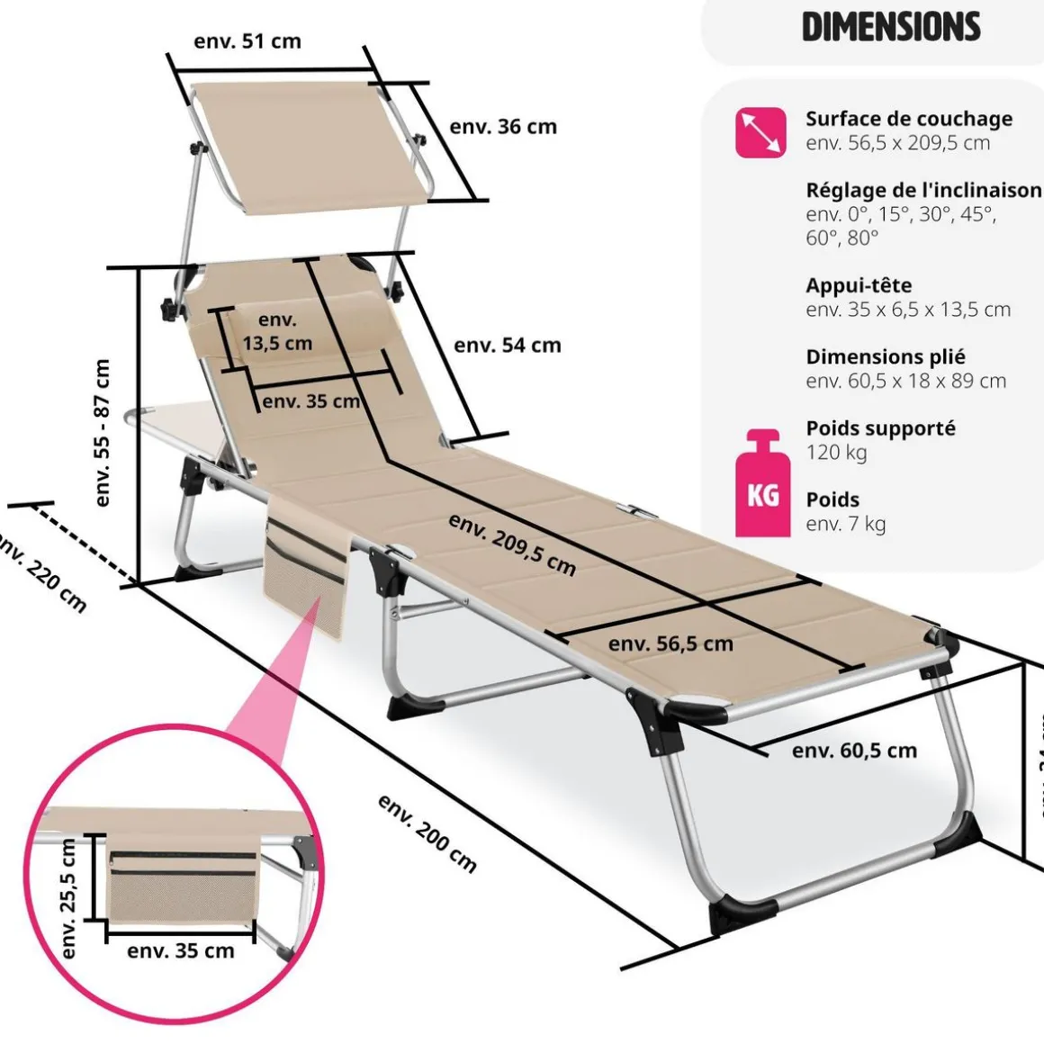 Bain de soleil rembourré, pliable