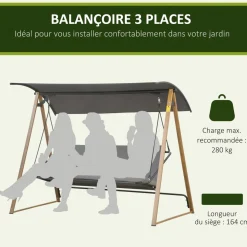 Balancelle de jardin 3 places design contemporain auvent réglable textilène polyester gris acier aspect bois