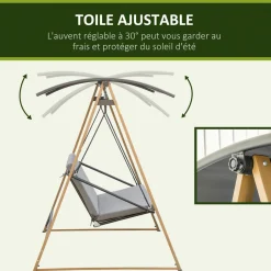 Balancelle de jardin 3 places design contemporain auvent réglable textilène polyester gris acier aspect bois