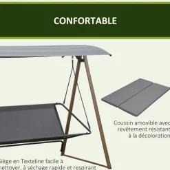 Balancelle de jardin 3 places design contemporain auvent réglable textilène polyester gris acier aspect bois