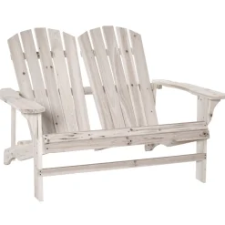 Banc de jardin 2 places design Adirondack assise dossier à lattes larges accoudoirs bois naturel pin lasuré