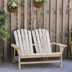 Banc de jardin 2 places design Adirondack assise dossier à lattes larges accoudoirs bois naturel pin lasuré