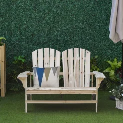 Banc de jardin 2 places design Adirondack assise dossier à lattes larges accoudoirs bois naturel pin lasuré