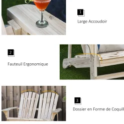 Banc de jardin 2 places design Adirondack assise dossier à lattes larges accoudoirs bois naturel pin lasuré
