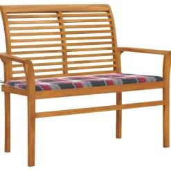 Banc de jardin avec coussin a carreaux rouge 112 cm Teck massif