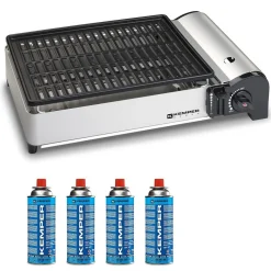 Barbecue à gaz 1900W Grille anti adhesive + 4 cartouches gaz camping KEMPER