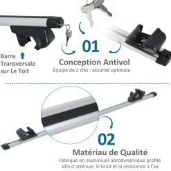 Barres de toit de voiture verrouillables 2 clés fournies dim. 125L x 5,5l x 7H cm aluminium gris noir