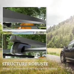 Barres de toit de voiture verrouillables 2 clés fournies dim. 123,5L x 5,5l x 7H cm aluminium noir