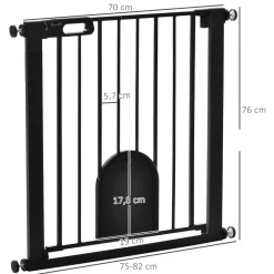 Barrière de sécurité animaux de 76H cm barrière chien chat avec porte fermeture automatique système de double verrouillage fixation par pressionde de 75 à 82 cm acier et ABS noir