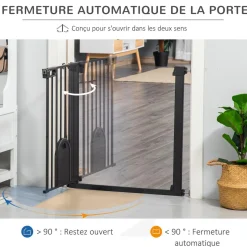 Barrière de sécurité animaux de 76H cm barrière chien chat avec porte fermeture automatique système de double verrouillage fixation par pressionde de 75 à 82 cm acier et ABS noir