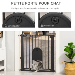 Barrière de sécurité animaux de 76H cm barrière chien chat avec porte fermeture automatique système de double verrouillage fixation par pressionde de 75 à 82 cm acier et ABS noir
