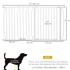 Barrière de sécurité animaux - longueur réglable dim. 75-145 cm - porte double verrouillage, ouverture double sens -sans perçage - acier ABS blanc